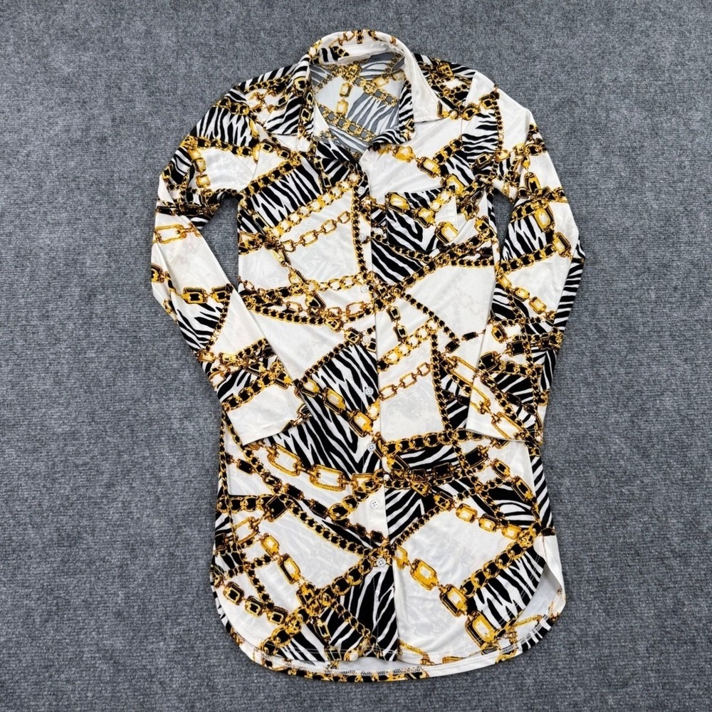 Jolie & Joy Large Zebra Gold Chain Print Button Down Shirt Dress Women's